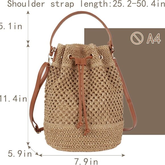 Cotton Linen Woven Drawstring Shoulder Bag Summer Beach Purse Casual Use - Picture 2 of 6